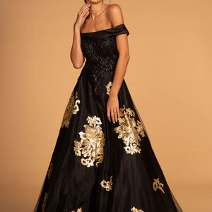 NEW BLACK/GOLD Off Shoulder Seqined A-Line Long Dress GL2542